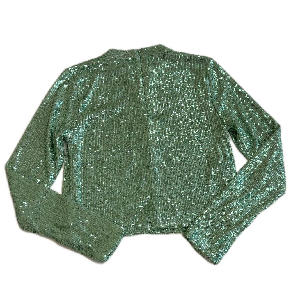 MNG Mango Crop Top Womens Small Green Sequin Sparkly Party Disco Glam - Picture 3 of 10